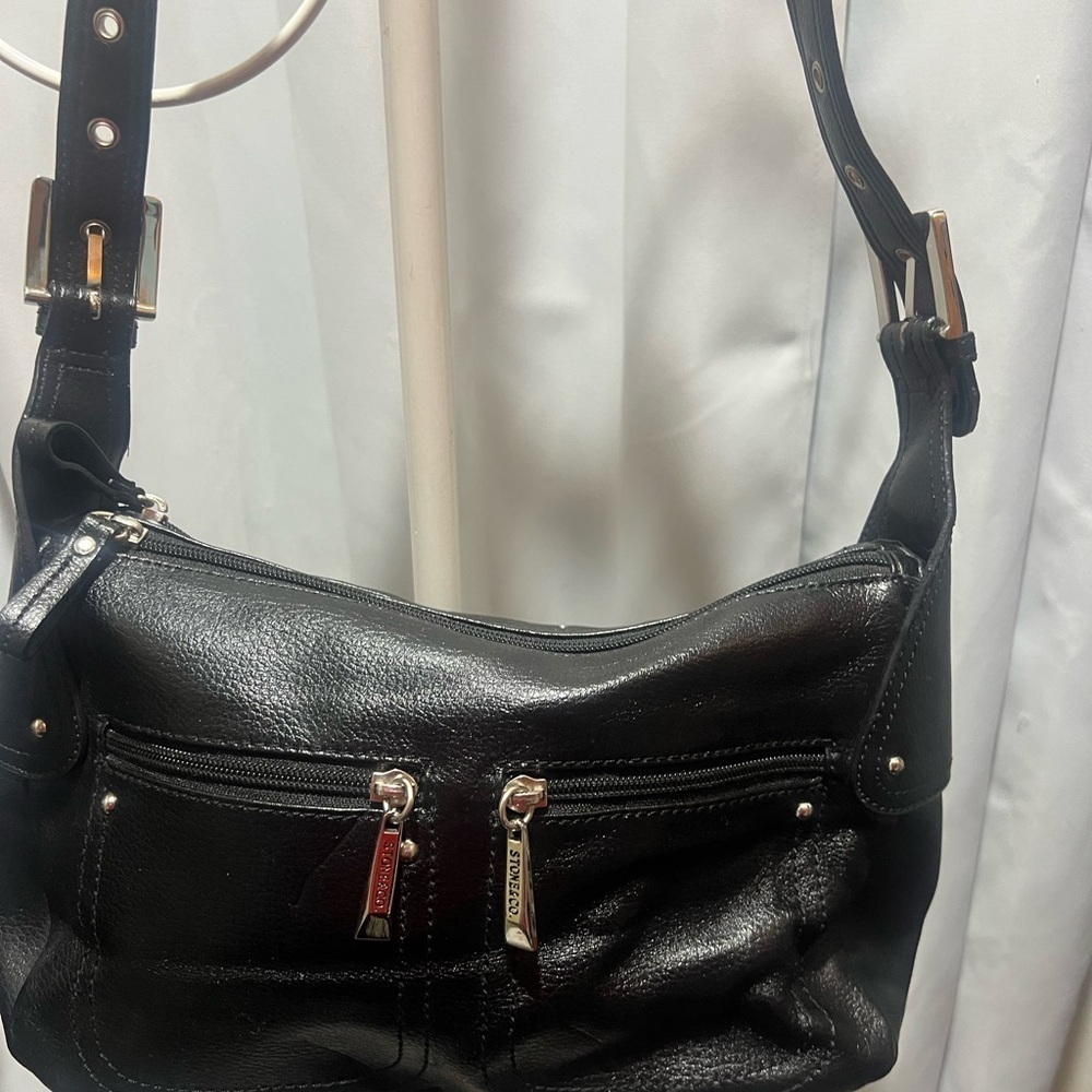 Stone & Co. Black Leather Shoulder Bag with Signature Design - Picture 2 of 13